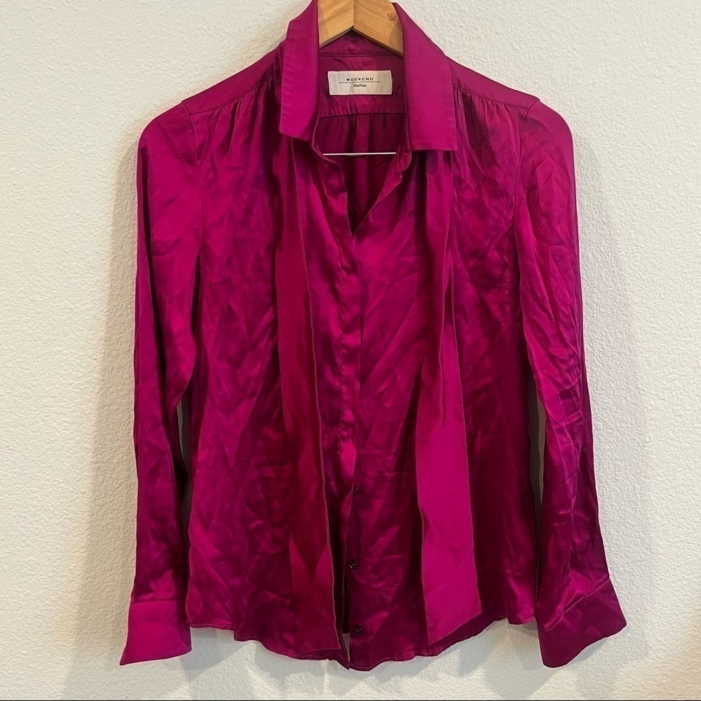Weekend MaxMara pink tie neck button up blouse size 4